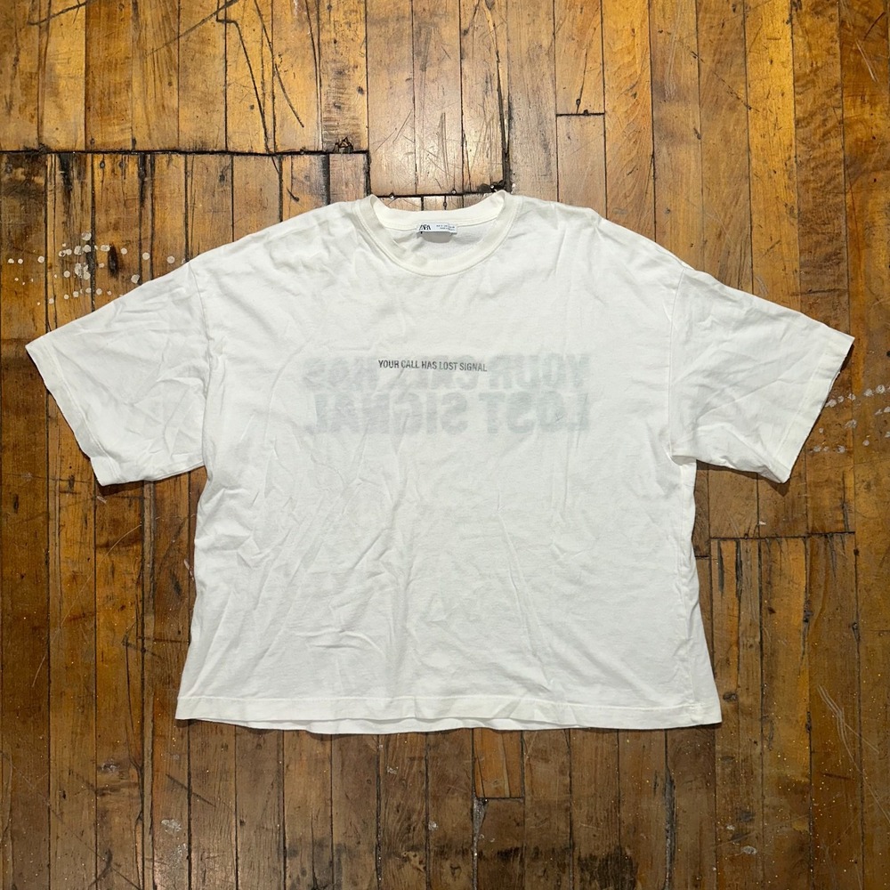 Zara Cropped T Shirt Womens Small White Your Call Has‎ Lost Signal Crew Neck